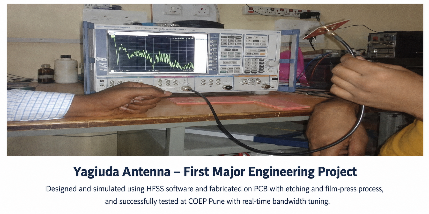 Yagi-Uda antenna being tested on a spectrum analyser at COEP Pune